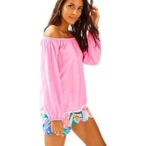 Lilly Pulitzer Enna Off-Shoulder Top, Pink & white pom pom trim. NWT